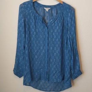 Lucky Brand Teal/Gold Sheer Button Up Blouse, M
